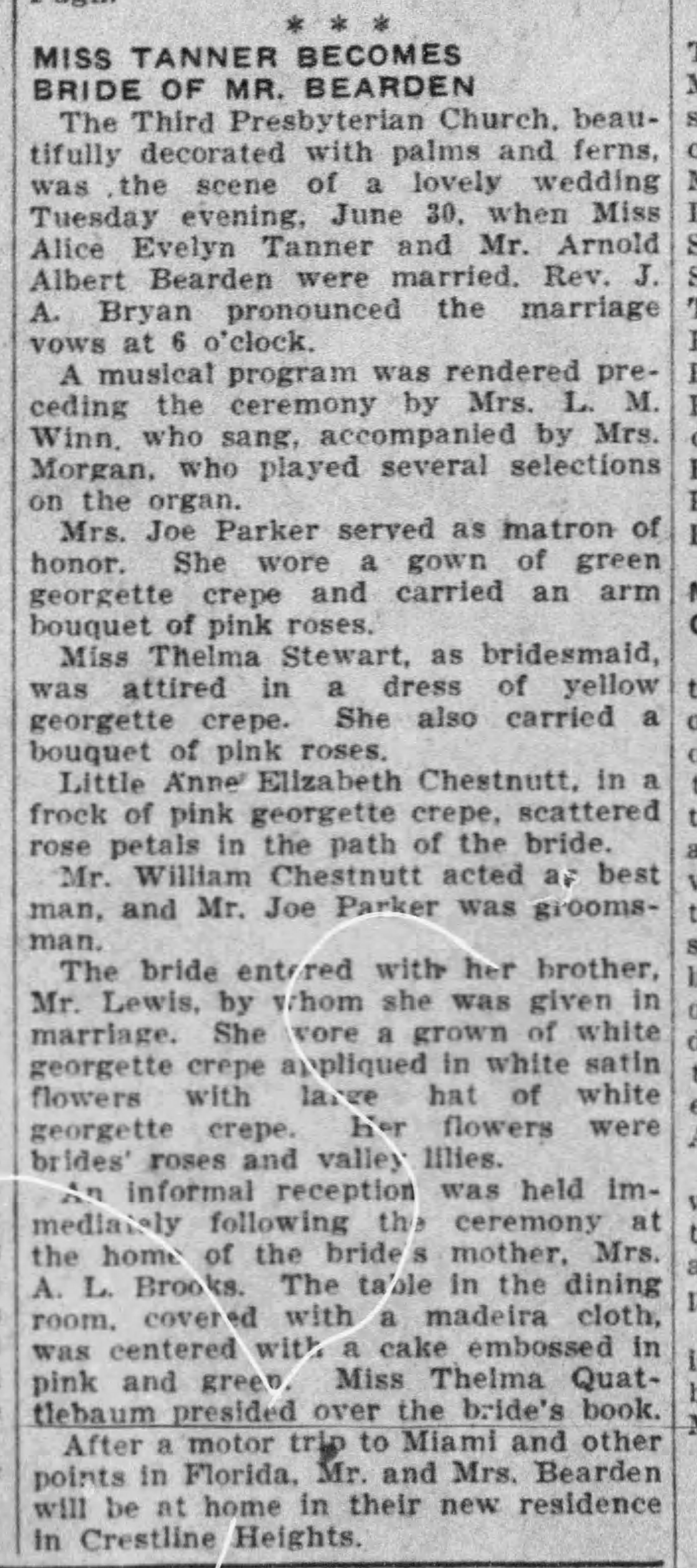 Miss Tanner Becomes Bride of Mr. Bearden